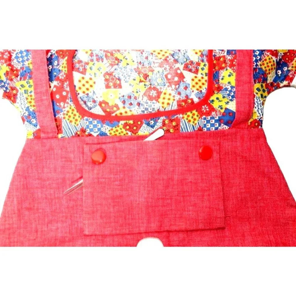 Vintage Clothespin Bag Red Floral Overalls with Calico Patchwork Style Fabric Vi